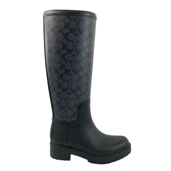 New Coach Monogrammed Tall Pull-on Rain Boots Black Gray 5 - Picture 2 of 11